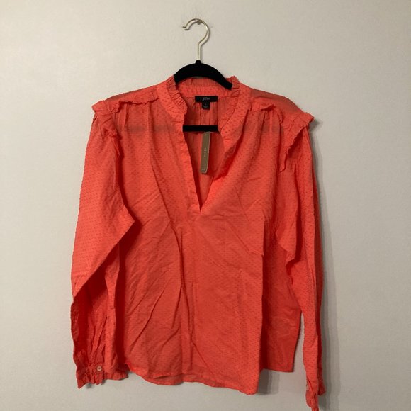J CREW Ruffle Trim V-Neck Popover in Clip Dot Size Large NEW NWT Coral  Fall - Picture 2 of 9